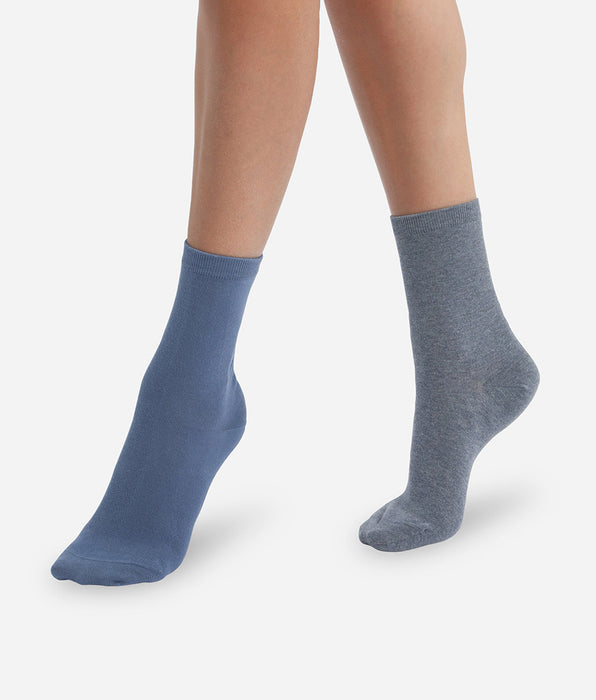 DIM Lot de 2 paires de chaussettes femme Bleu Gris Basic Coton