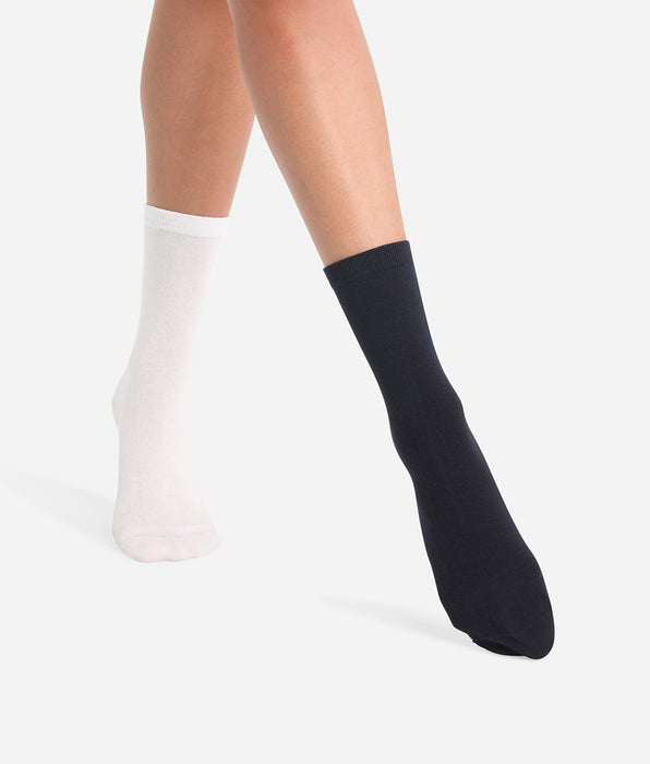DIM Lot de 2 paires de chaussettes femme Bleu Cachemire Gris Basic Coton