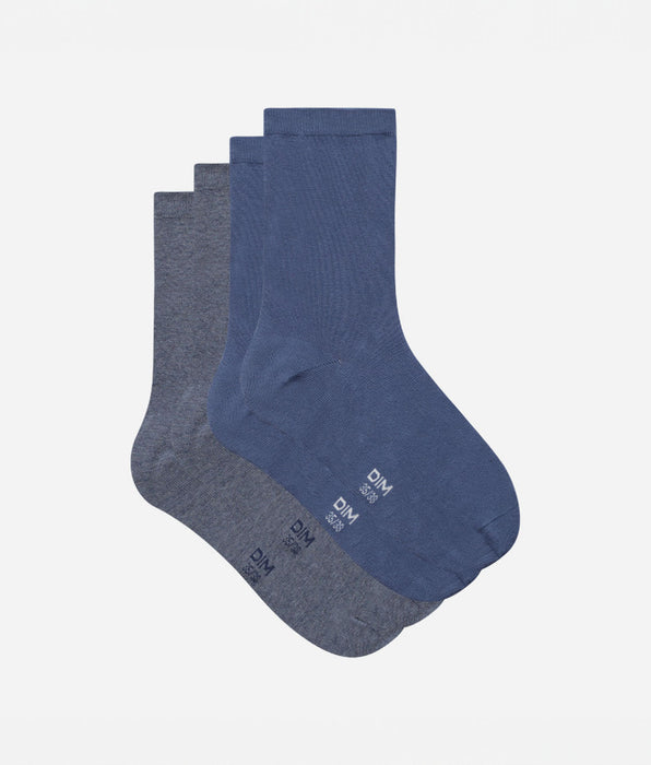 DIM Lot de 2 paires de chaussettes femme Bleu Gris Basic Coton