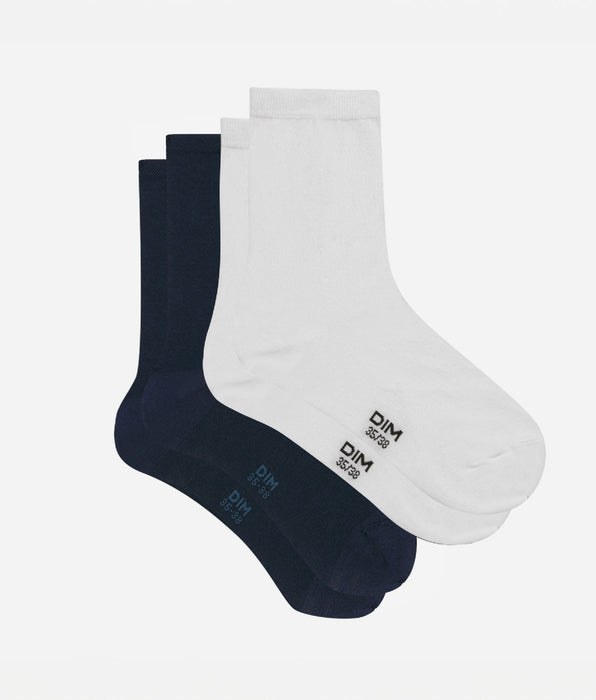 DIM Lot de 2 paires de chaussettes femme Bleu Cachemire Gris Basic Coton