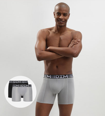 DIM Lot de 2 boxers longs homme respirants Noir Gris 3D Flex Air