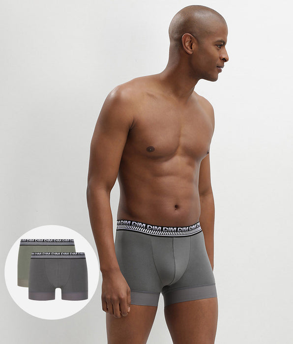 DIM Lot de 2 boxers homme en coton extensible Vert Olive Stay and Fit