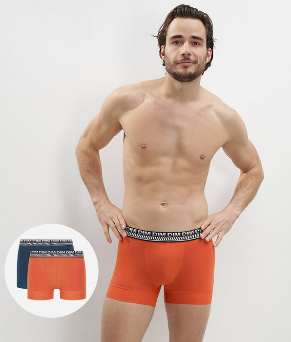 DIM Lot de 2 boxers homme en coton extensible Bleu Orange Stay and Fit