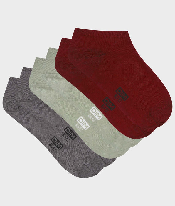 DIM Lot de 3 paires de socquettes homme Gris Rouge Sauge Dim Coton