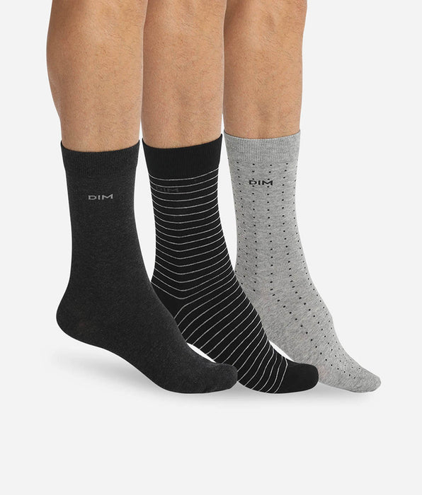 DIM Lot de 3 chaussettes noires et anthracite pois rayures Homme