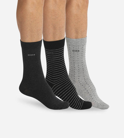 DIM Lot de 3 chaussettes noires et anthracite pois rayures Homme