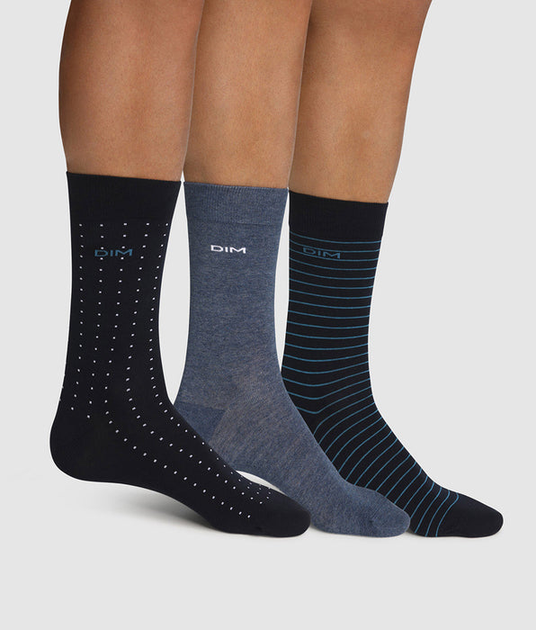 DIM Lot de 3 paires de chaussettes homme coton rayé pois Bleu Coton Style