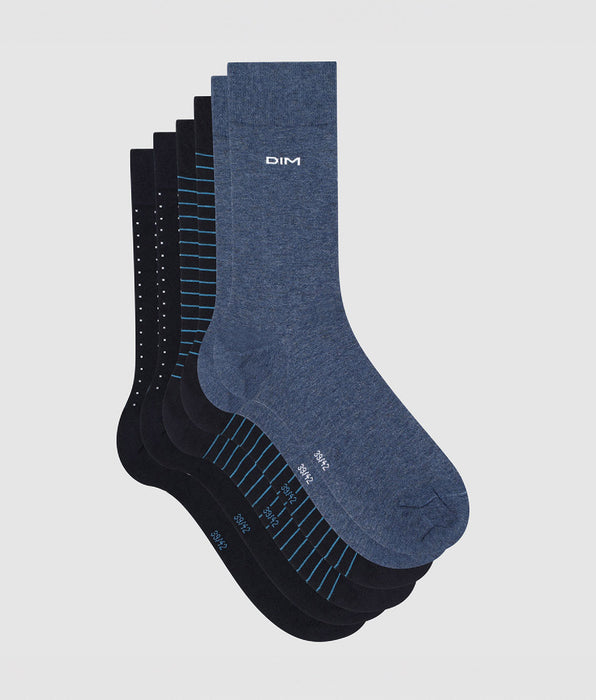 DIM Lot de 3 paires de chaussettes homme coton rayé pois Bleu Coton Style