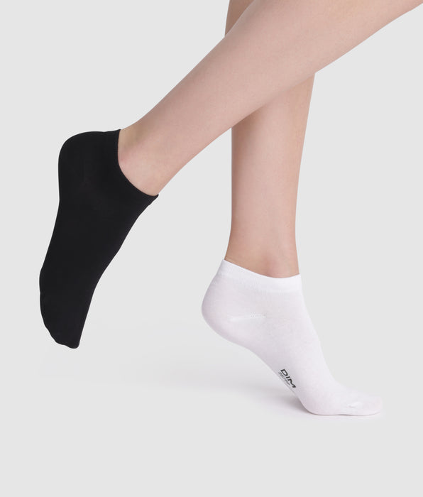 DIM Lot de 2 socquettes courtes noires et blanches en coton Femme