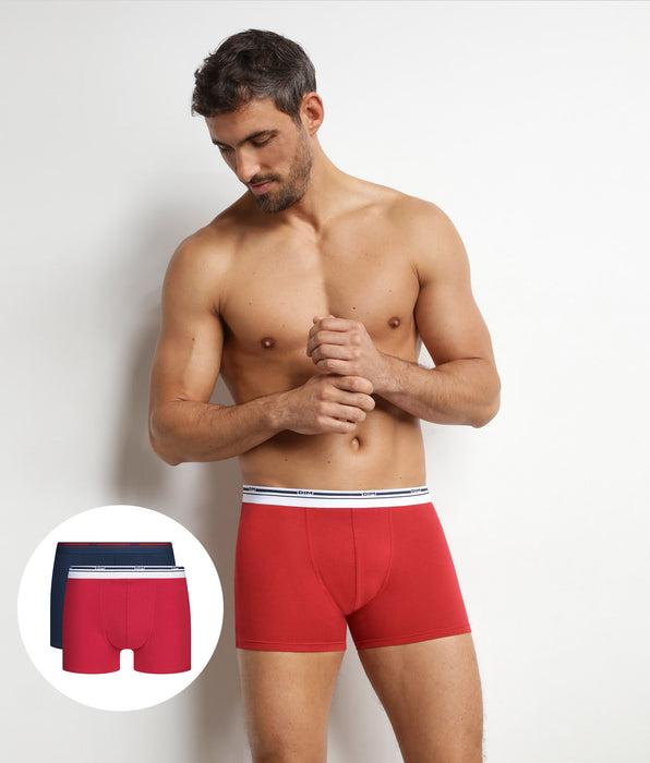 DIM Lot de 2 boxers coton stretch Bleu Denim et Rouge Lave Daily Colors