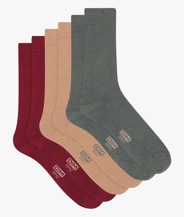 DIM Lot de 3 paires de chaussettes homme en coton Rouge Kaki Dim