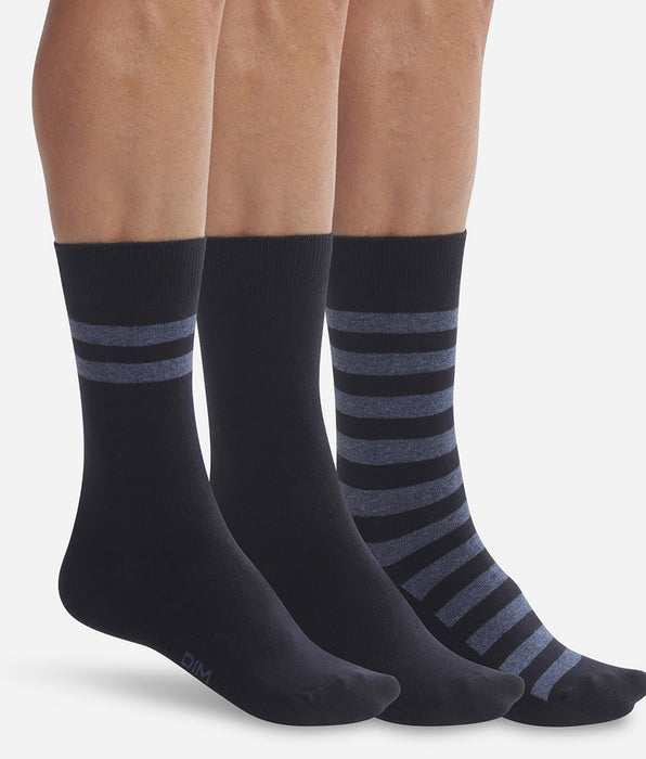 DIM Lot de 3 paires de chaussettes homme Bleu à rayures Dim Coton Style