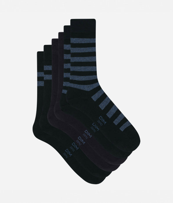 DIM Lot de 3 paires de chaussettes homme Bleu à rayures Dim Coton Style