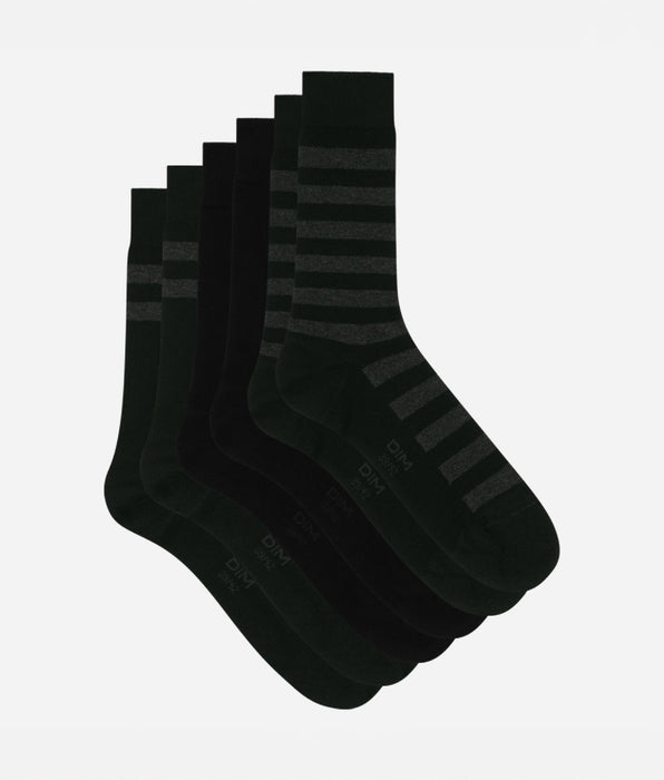 DIM Lot de 3 paires de chaussettes homme Noir à rayures Dim Coton Style