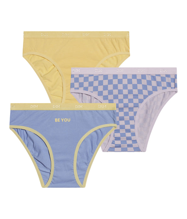 DIM Lot de 3 culottes fille coton stretch à motif damier Jaune Les Pockets