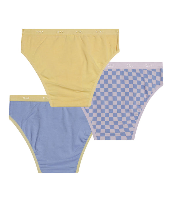 DIM Lot de 3 culottes fille coton stretch à motif damier Jaune Les Pockets