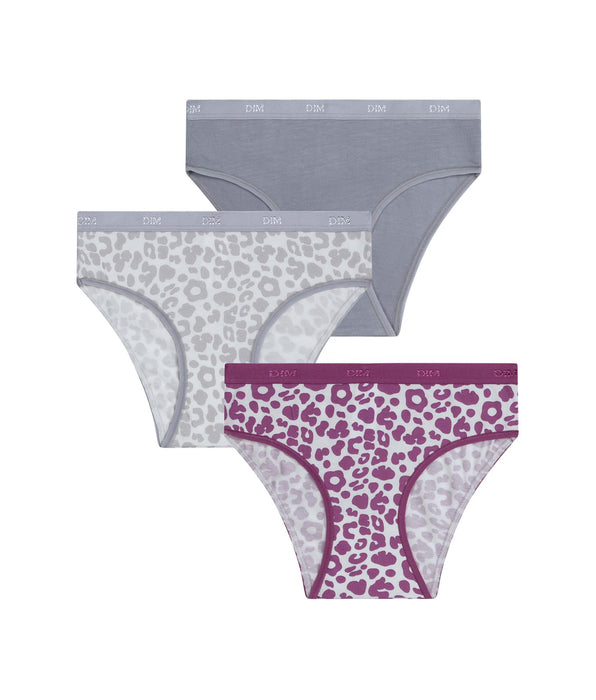 DIM Lot de 3 culottes fille coton stretch Léo gris violet Les Pockets