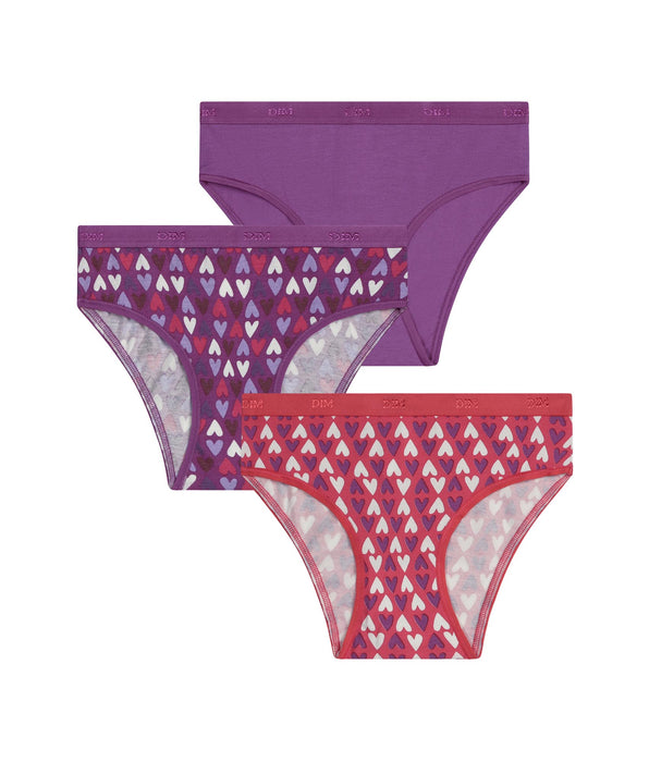 DIM Lot de 3 culottes fille coton stretch Violet Rouge à cœurs Les Pockets
