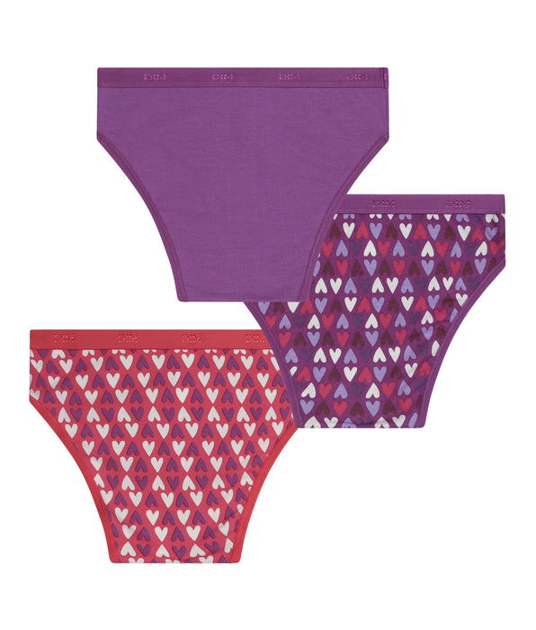 DIM Lot de 3 culottes fille coton stretch Violet Rouge à cœurs Les Pockets
