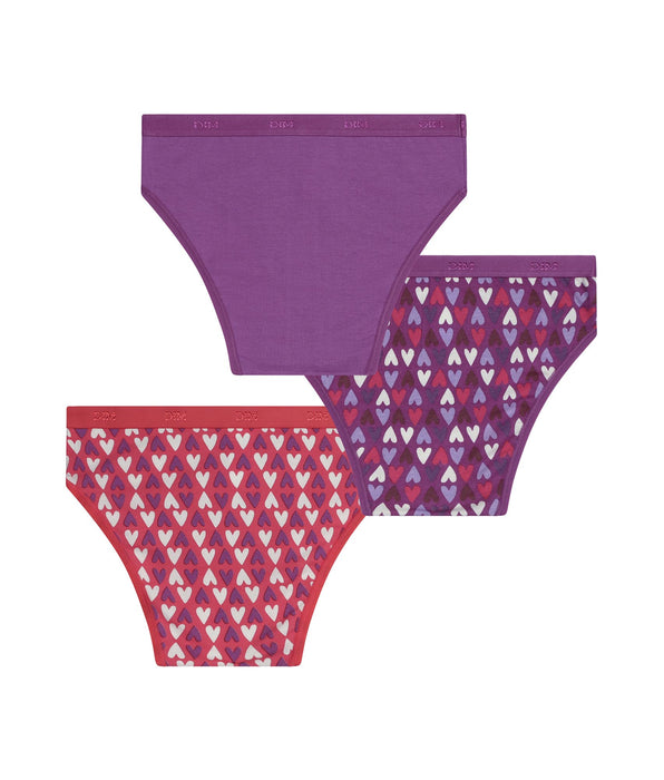 DIM Lot de 3 culottes fille coton stretch Violet Rouge à cœurs Les Pockets