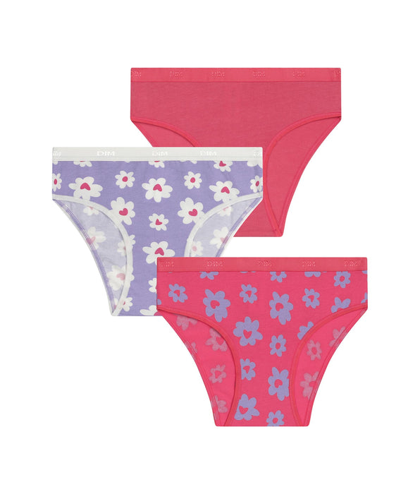 DIM Lot de 3 culottes fille coton stretch Violet Rose à fleurs Les Pockets