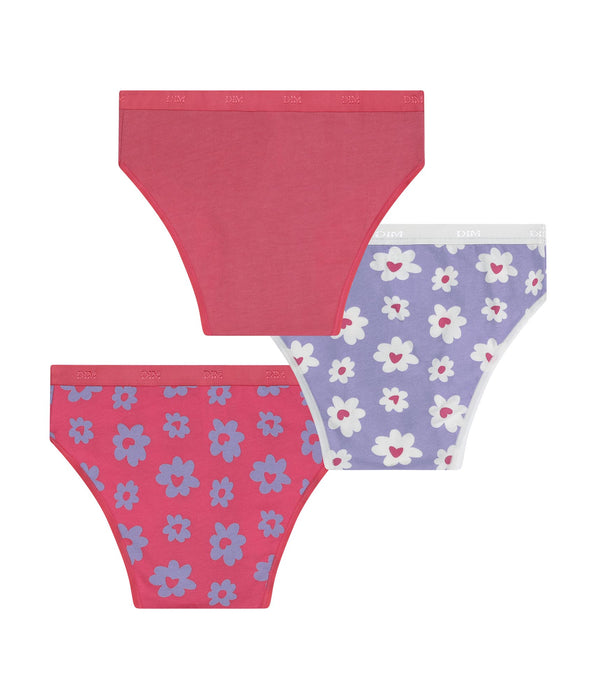 DIM Lot de 3 culottes fille coton stretch Violet Rose à fleurs Les Pockets