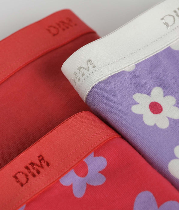 DIM Lot de 3 culottes fille coton stretch Violet Rose à fleurs Les Pockets