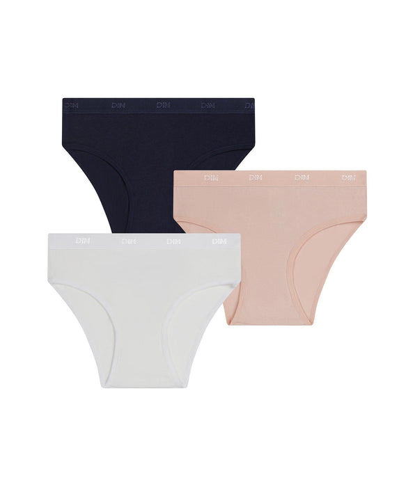 DIM Lot de 3 slips fille en coton stretch Rose Bleu Blanc Les Pockets