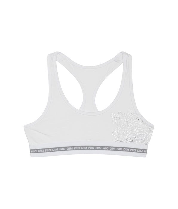 DIM Brassière fille coton stretch Blanc avec impressions argentées Dim Sport