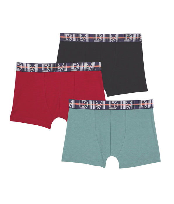 DIM Lot de 3 boxers garçon en coton stretch Rouge Bleu Vert EcoDim Classic