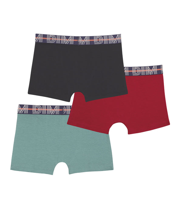 DIM Lot de 3 boxers garçon en coton stretch Rouge Bleu Vert EcoDim Classic