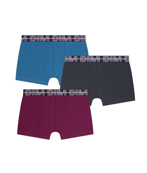 DIM Lot de 3 boxers garçon Bordeaux Bleu Ebene  Coton Stretch Kids
