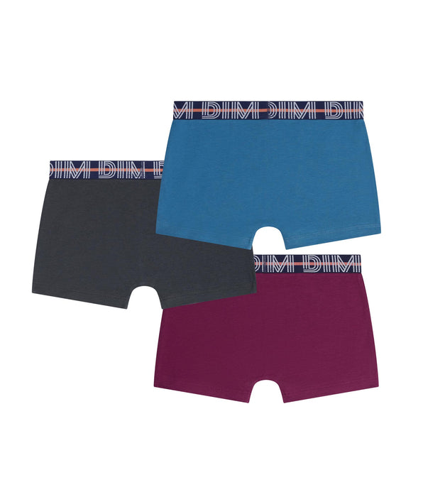 DIM Lot de 3 boxers garçon Bordeaux Bleu Ebene  Coton Stretch Kids