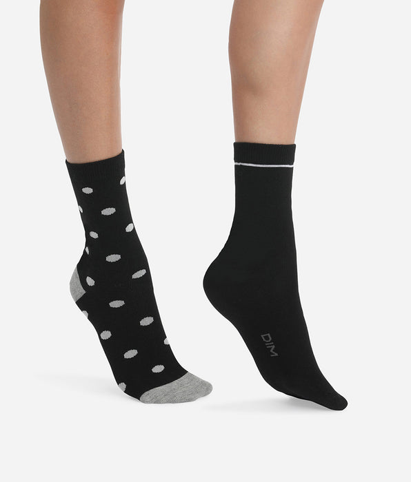 DIM Lot de 2 paires de chaussettes femme Noir à gros pois Dim Coton Style