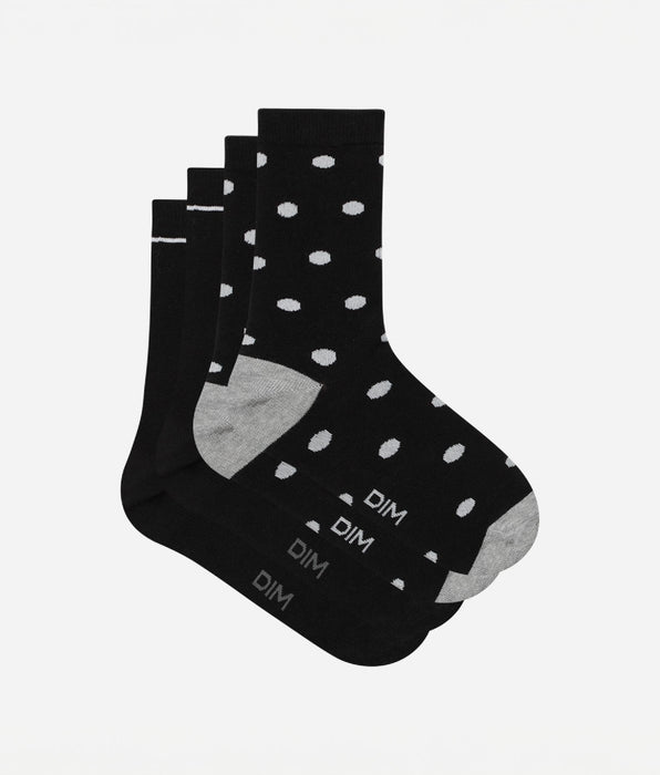 DIM Lot de 2 paires de chaussettes femme Noir à gros pois Dim Coton Style