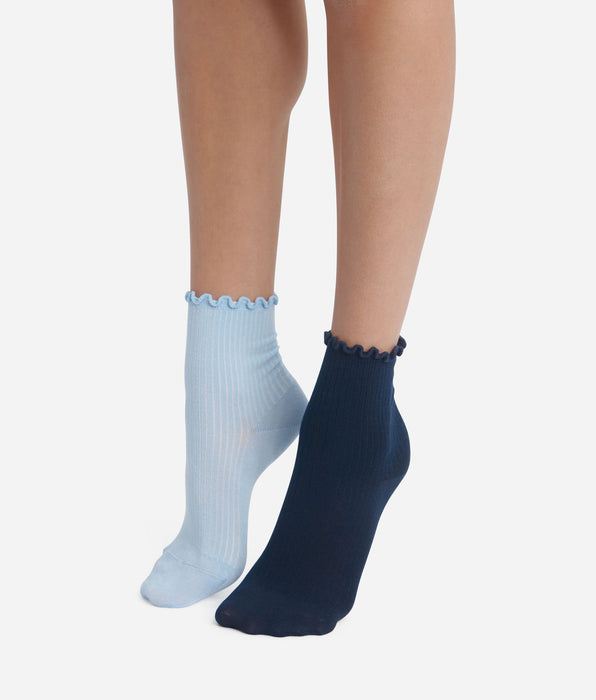DIM Lot de 2 paires de chaussettes femme à volants Marine Dim Modal