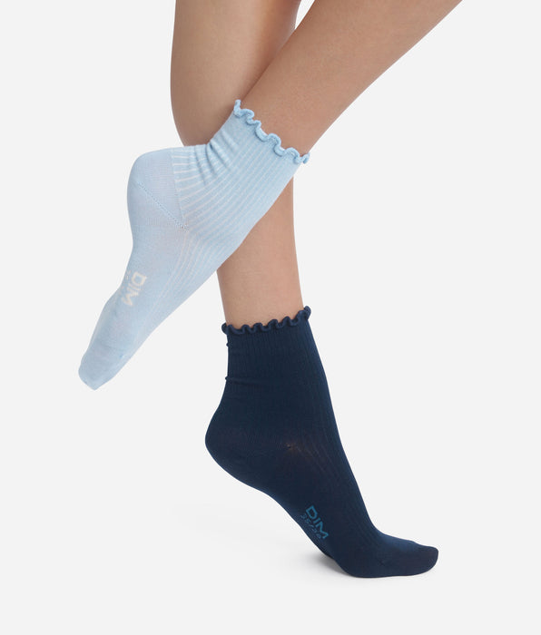 DIM Lot de 2 paires de chaussettes femme à volants Marine Dim Modal