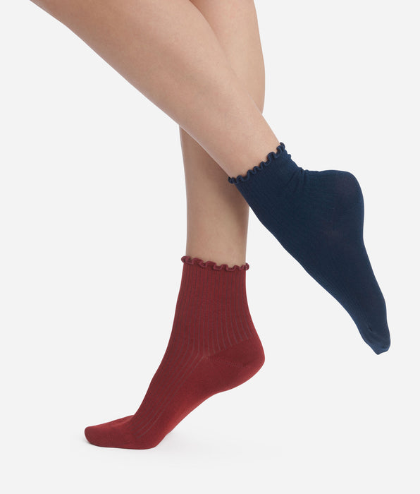 DIM Lot de 2 paires de chaussettes femme à volants Bleu Bordeaux Dim Modal