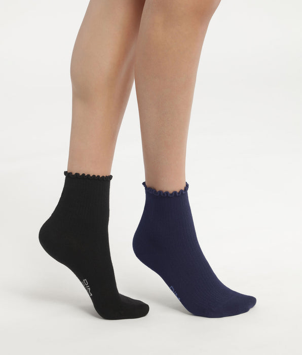 DIM Lot de 2 paires de chaussettes femme à volants Noir Marine Dim Modal