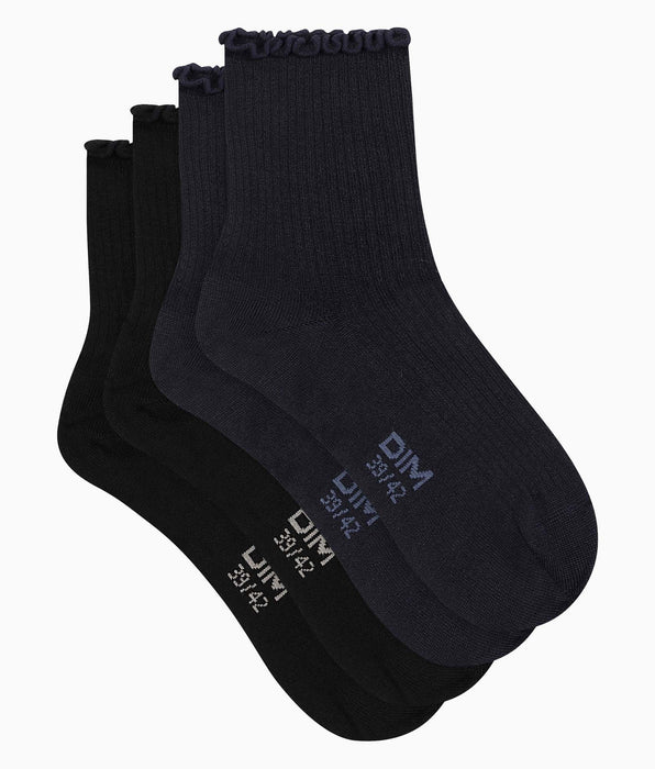 DIM Lot de 2 paires de chaussettes femme à volants Noir Marine Dim Modal