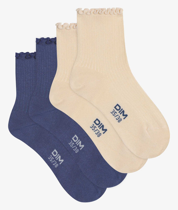 DIM Lot de 2 paires de chaussettes femme à volants Bleu Crème Dim Modal