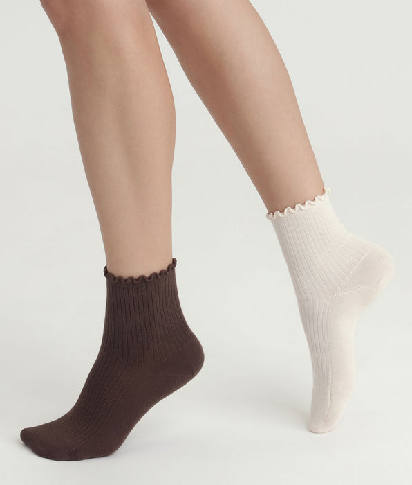 DIM Lot de 2 paires de socquettes femme beige à volant Modal