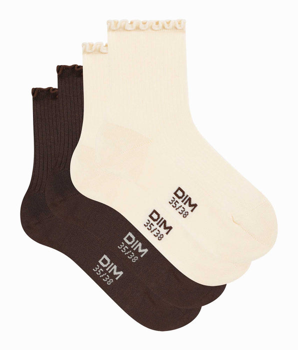 DIM Lot de 2 paires de socquettes femme beige à volant Modal