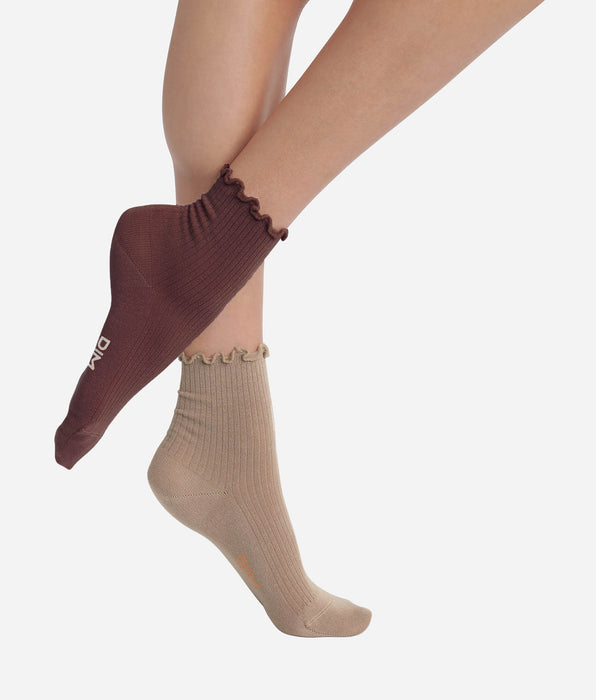 DIM Lot de 2 paires de chaussettes femme à volants Taupe Café Dim Modal
