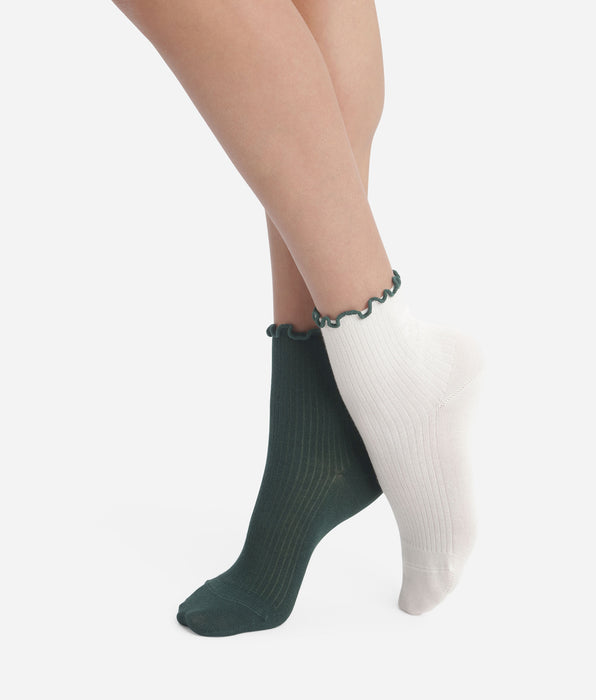 DIM Lot de 2 paires de chaussettes femme à volants Pin Ivoire Dim Modal