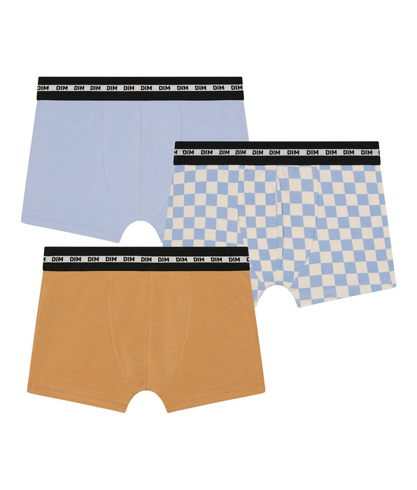 DIM Lot de 3 boxers garçon à motif damier Lila Bleu Coton Stretch Fashion