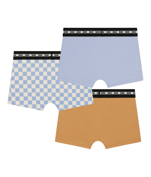 DIM Lot de 3 boxers garçon à motif damier Lila Bleu Coton Stretch Fashion