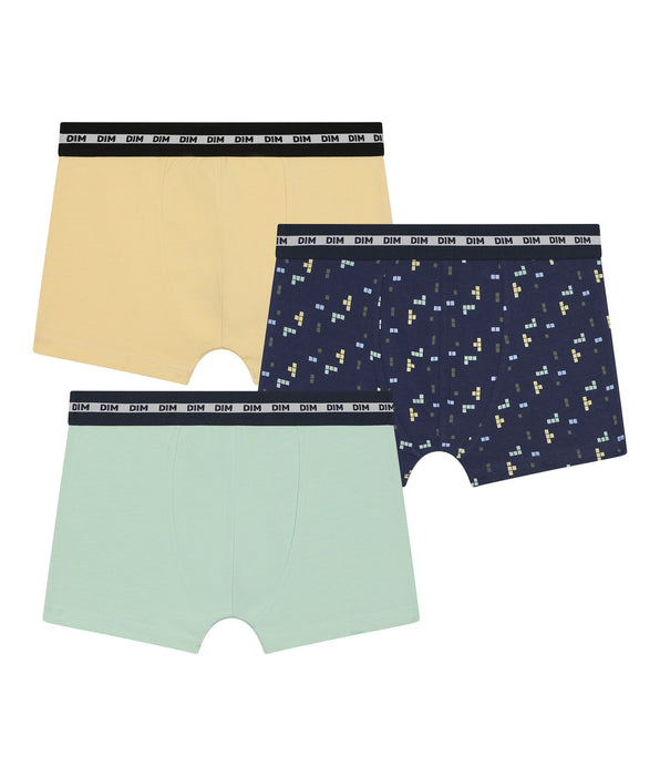DIM Lot de 3 boxers garçon motif pixel Bleu Jaune Coton Stretch Fashion