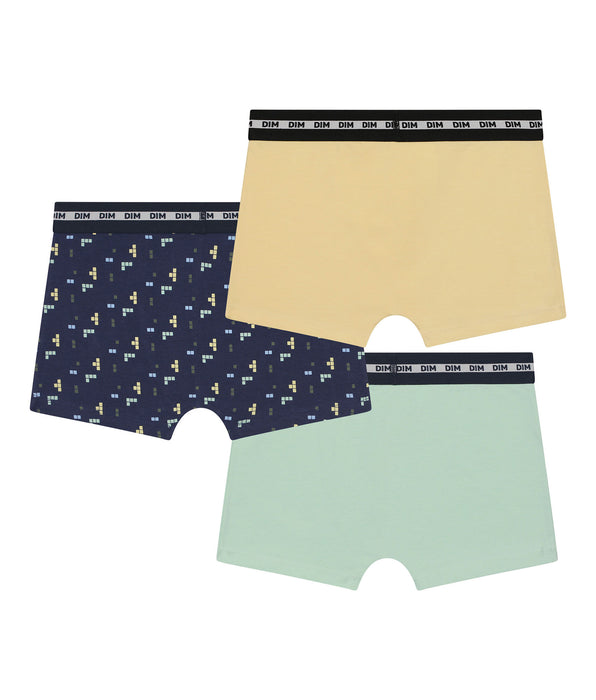 DIM Lot de 3 boxers garçon motif pixel Bleu Jaune Coton Stretch Fashion