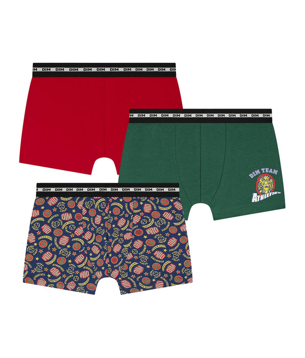 DIM Lot de 3 boxers enfant Rouge Vert logotypés Dim Coton Stretch